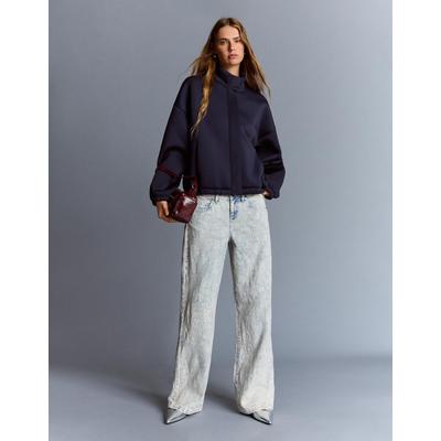 Bershka Low Rider Jacquard Baggy Jeans Women 14 Light Blue