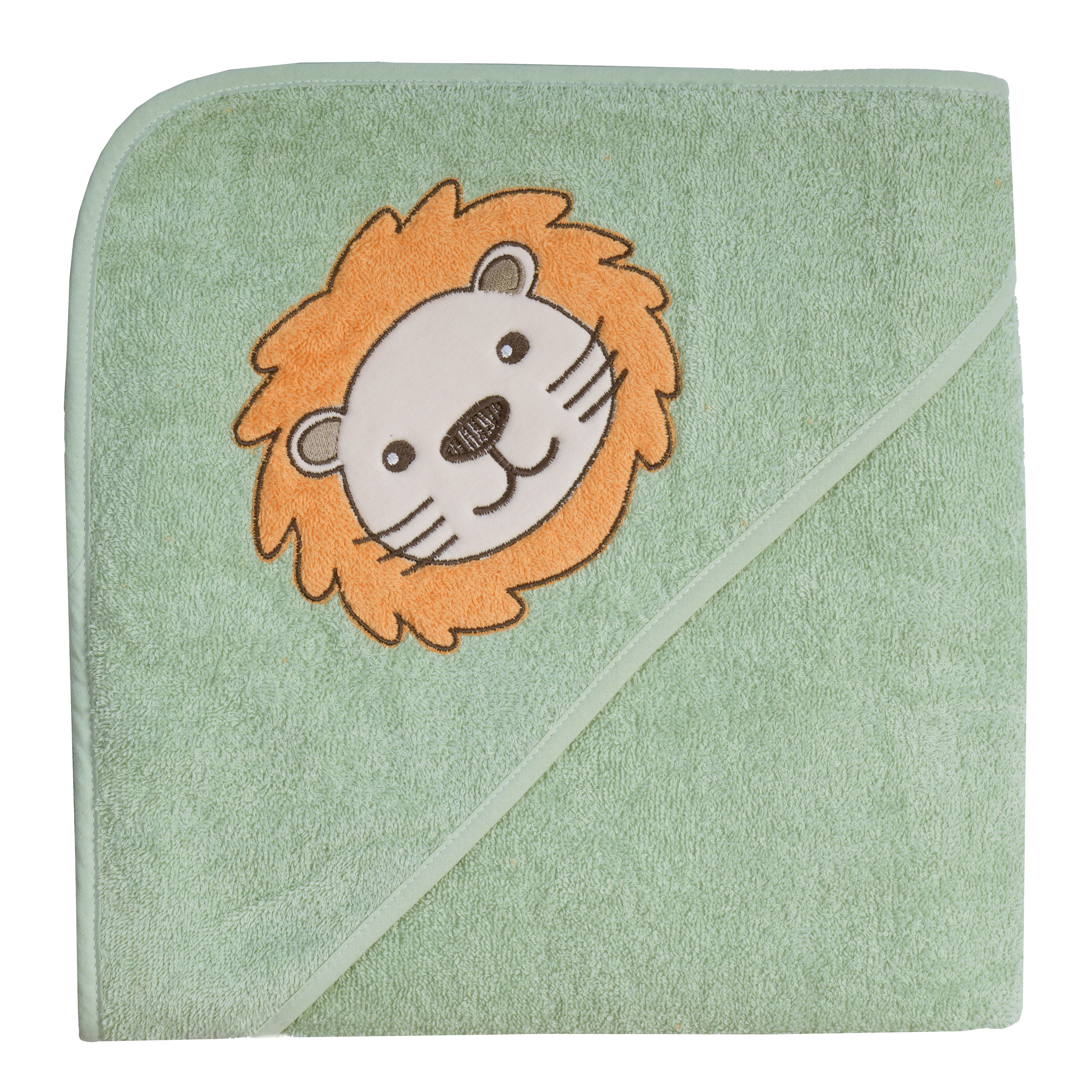Kapuzenhandtuch WÖRNER "Löwe helloliv", grün (helloliv), B:100cm L:100cm, Frottee, Frottee, Handtücher, mit Kapuze, maschinenwaschbar, trocknergeeignet