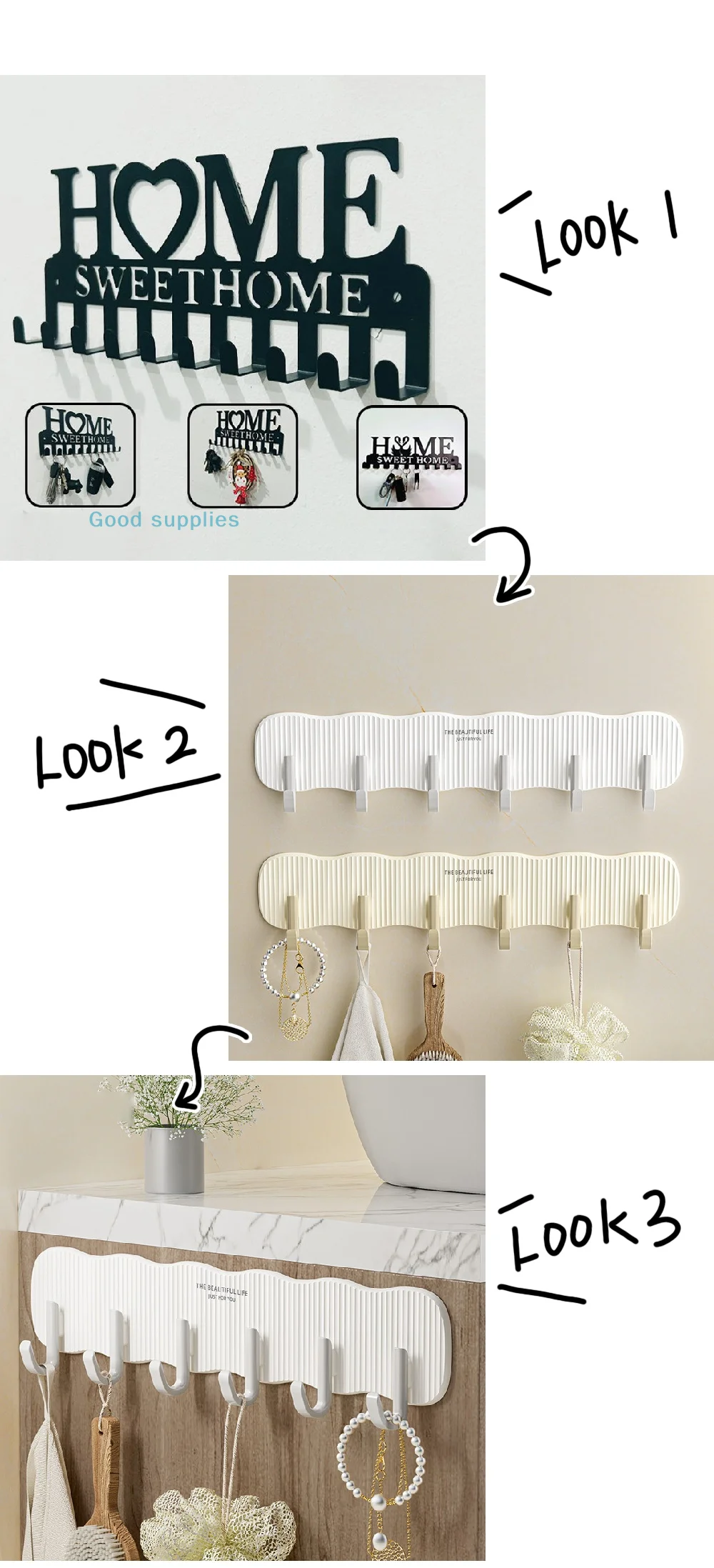1PC Wandmontierter Sweet Home Dekorativer Schlüsselhalter, Schlüsselwandhaken, kreativer Schlüsselhalter für Haustür, Tür-Aufhängehaken, mehrreihig