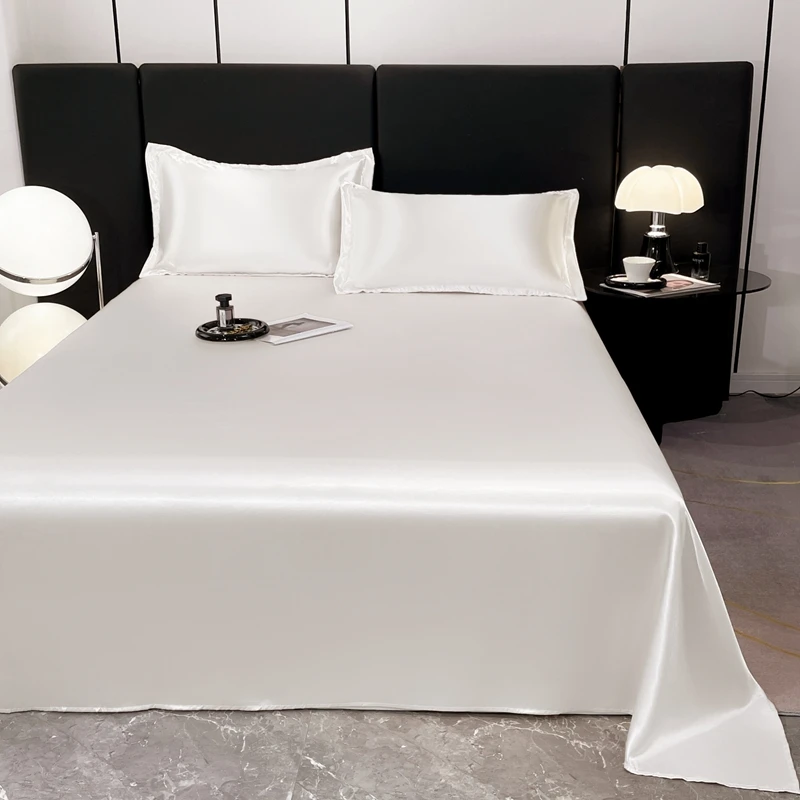 Satin-Bettlaken, Hotel, luxuriös, seidig, 1 Stück, King-Size-Bett, Queen-Size-Luxus-Tagesdecke, weiches, einfarbiges, flaches Bettlaken aus Polyester Image