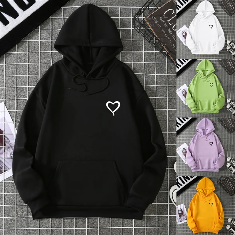 Einfach Herz Druck Frauen Sweatshirt Weiche Beiläufige Lose Vintage Weibliche Hoodies 2025, Winter Warme Fleece Student Tops CYXX 325 Image