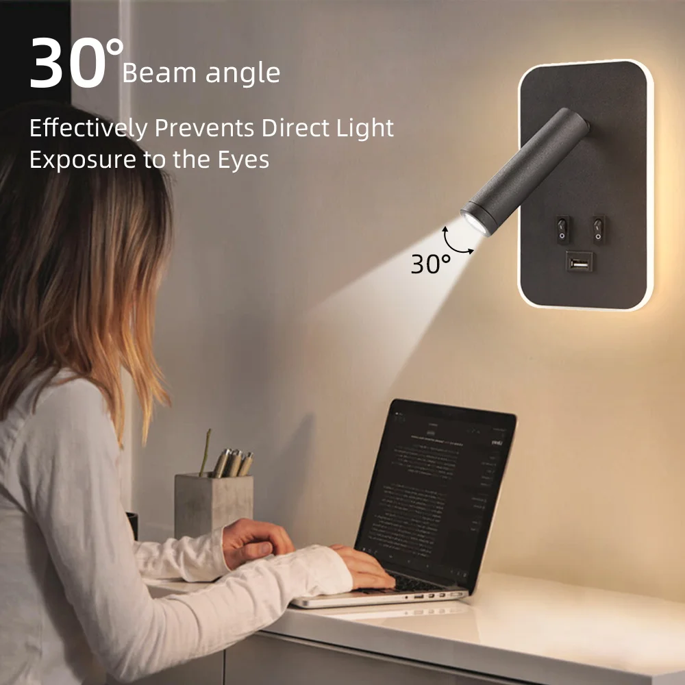 LED-Wandleuchte, Wandleuchte, USB wiederaufladbar, Innenwandleuchte für Schlafzimmer, Wand-LED-Licht, Strahler, Leselicht