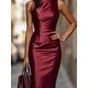 Abito da donna elegante temperamento sottile abito da festa casual senza maniche drappeggiato abiti estivi abito longuette tinta unita moda ufficio o-collo