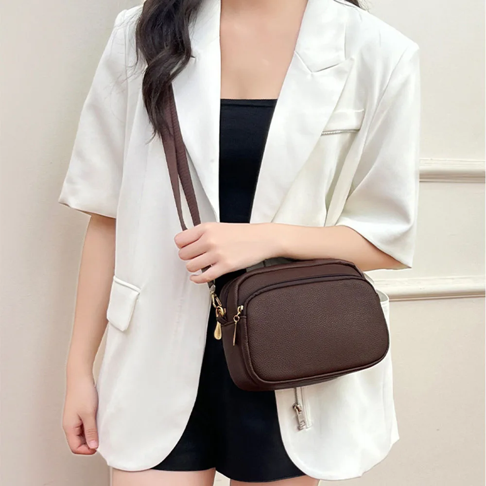 2025, kleine Kamera-Umhängetaschen aus echtem Leder für Damen, dreifacher Reißverschluss, Umhängetaschen, Handtasche mit Riemen Image