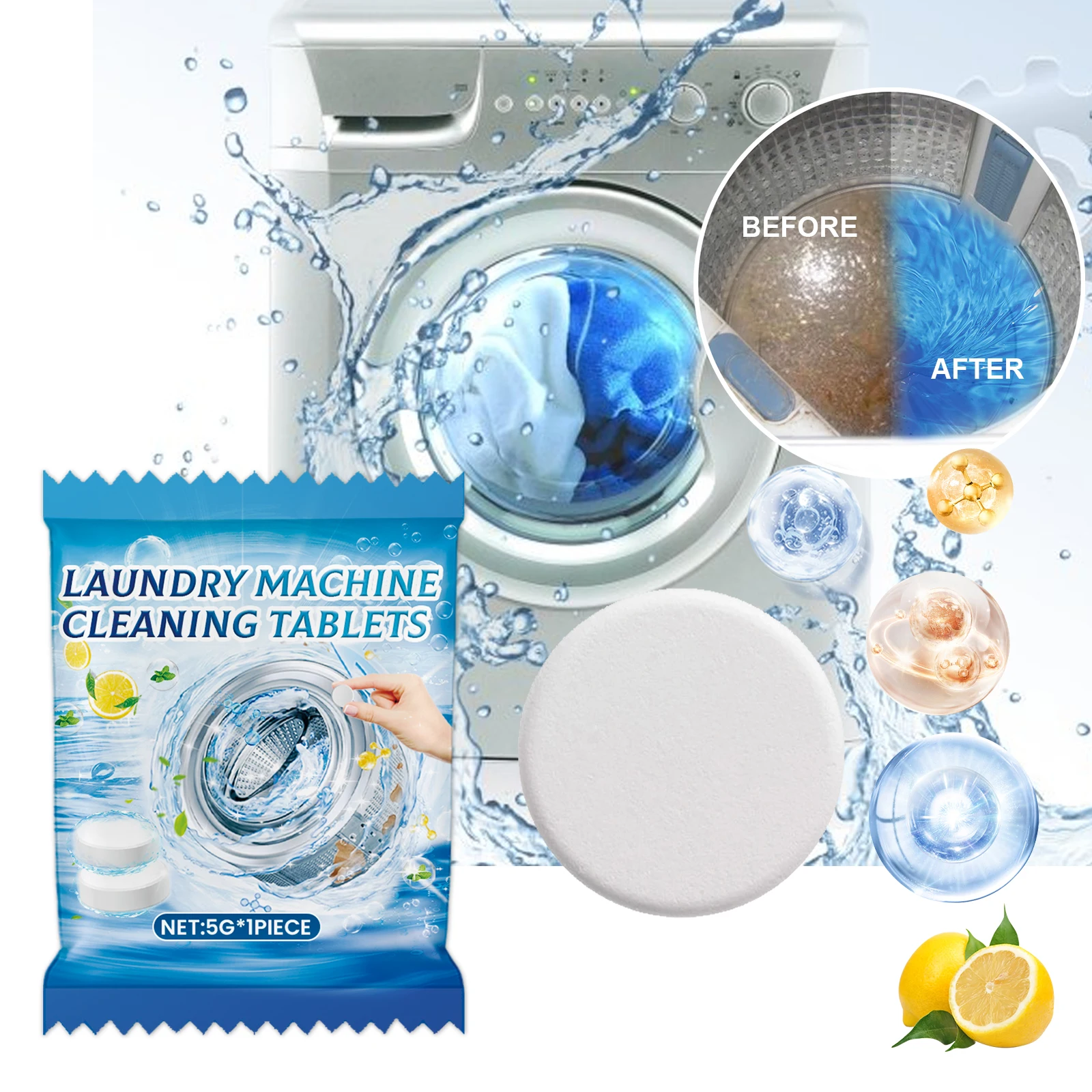 JAKEHOE Waschmaschinenreinigung, Brausetabletten, 1–10 Stück, Waschmaschinen-Reinigungstabletten, gründlich sauber, hartnäckiger Schmutz, beseitigt Gerüche Image