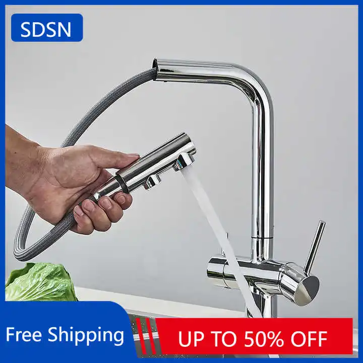 Robinets d'évier de cuisine avec filtre extractible à 3 voies, mitigeur d'évier de cuisine chaud et froid extractible, robinets de cuisine en laiton et eau Pure