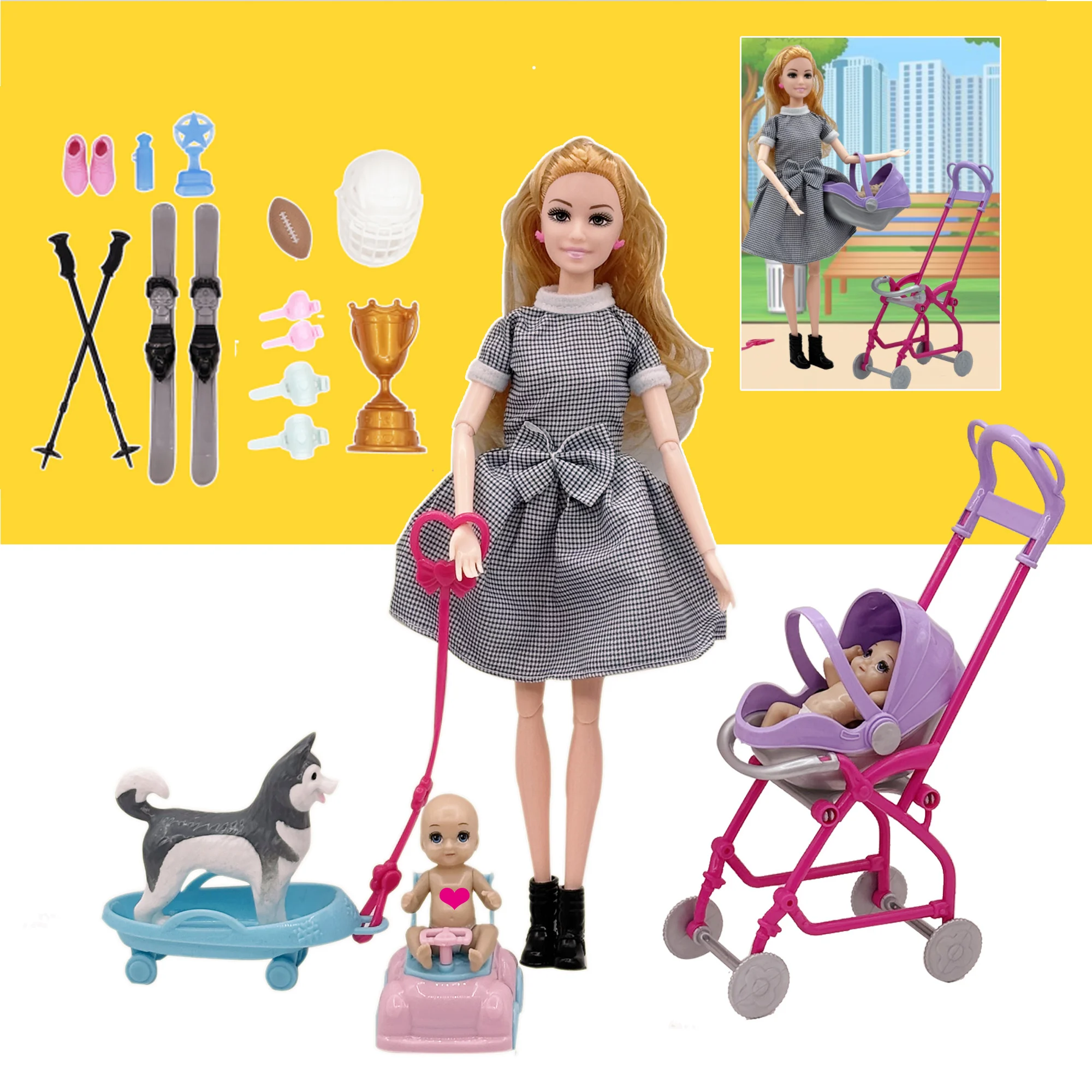 Modisches Puppenset mit Babydoll-Kinderwagen und Hunde-Haustierset, süßes lustiges Thema, Spielhaus, Spiel, Puppenzubehör, Geburtstag, ideales Geschenk