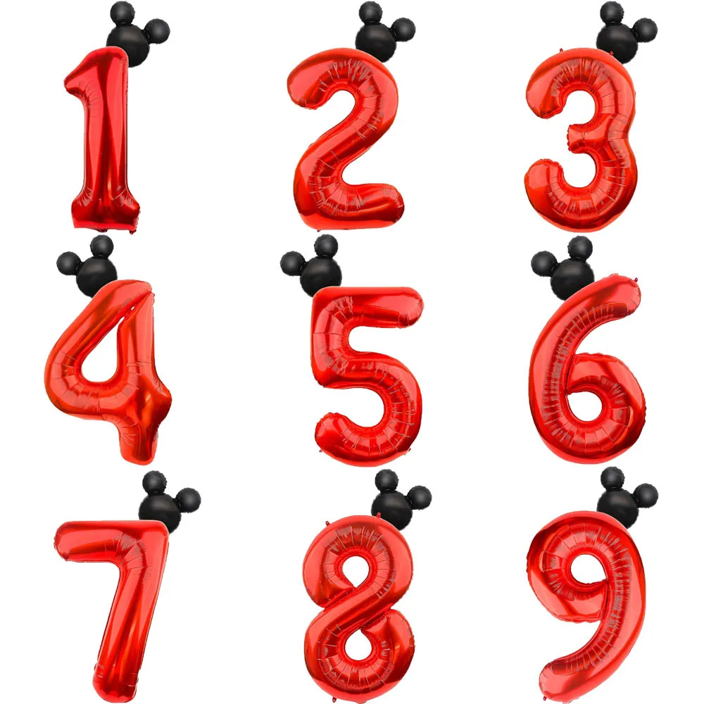 2 Stück 40 Zoll rote 0-9 Zahlen-Folienballons mit Mickey-Form-Kopfballons Kinderspielzeug alles Gute zum Geburtstag Hochzeit Party Dekorationen Image