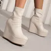 Größe 33 Winter Herbst Plissee Design Runde Kappe Reifen Damen Büro Schuhe Plattform Keile High Heels Frauen Knöchel Chelsea Stiefel