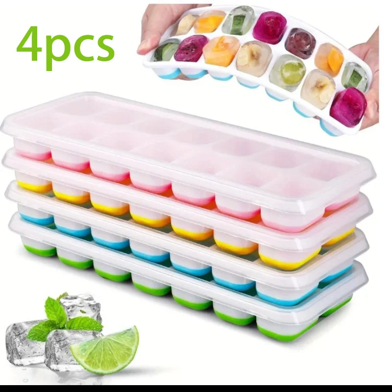 2/4 Stück Eiswürfelform mit Deckel, Silikon, quadratisch, 14 Würfel, leicht zu lösende Eiswürfelformen, Küche, Bar, DIY, eisgekühltes Cocktail-Frostwerkzeug Image