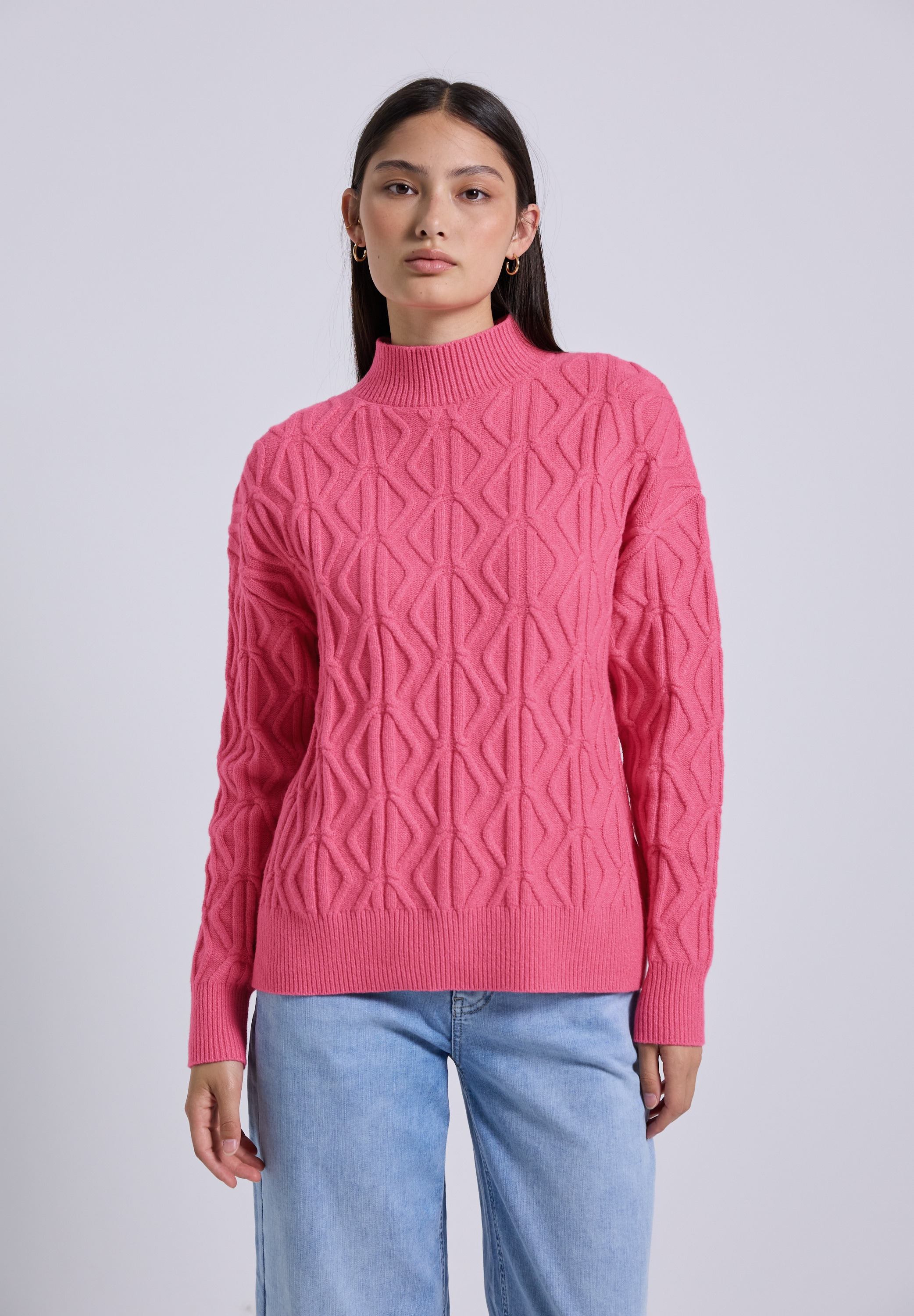 Strickpullover STREET ONE STUDIO, Damen, Gr. 40, rosa (candy pink meliert), Web, 35% Baumwolle, 32% Polyacryl, 28% Polyester, 5% Elasthan, unifarben, Casual, normal normal, hoch geschlossener Ausschnitt, Strickbündchen, Pullover, mit Turtleneck