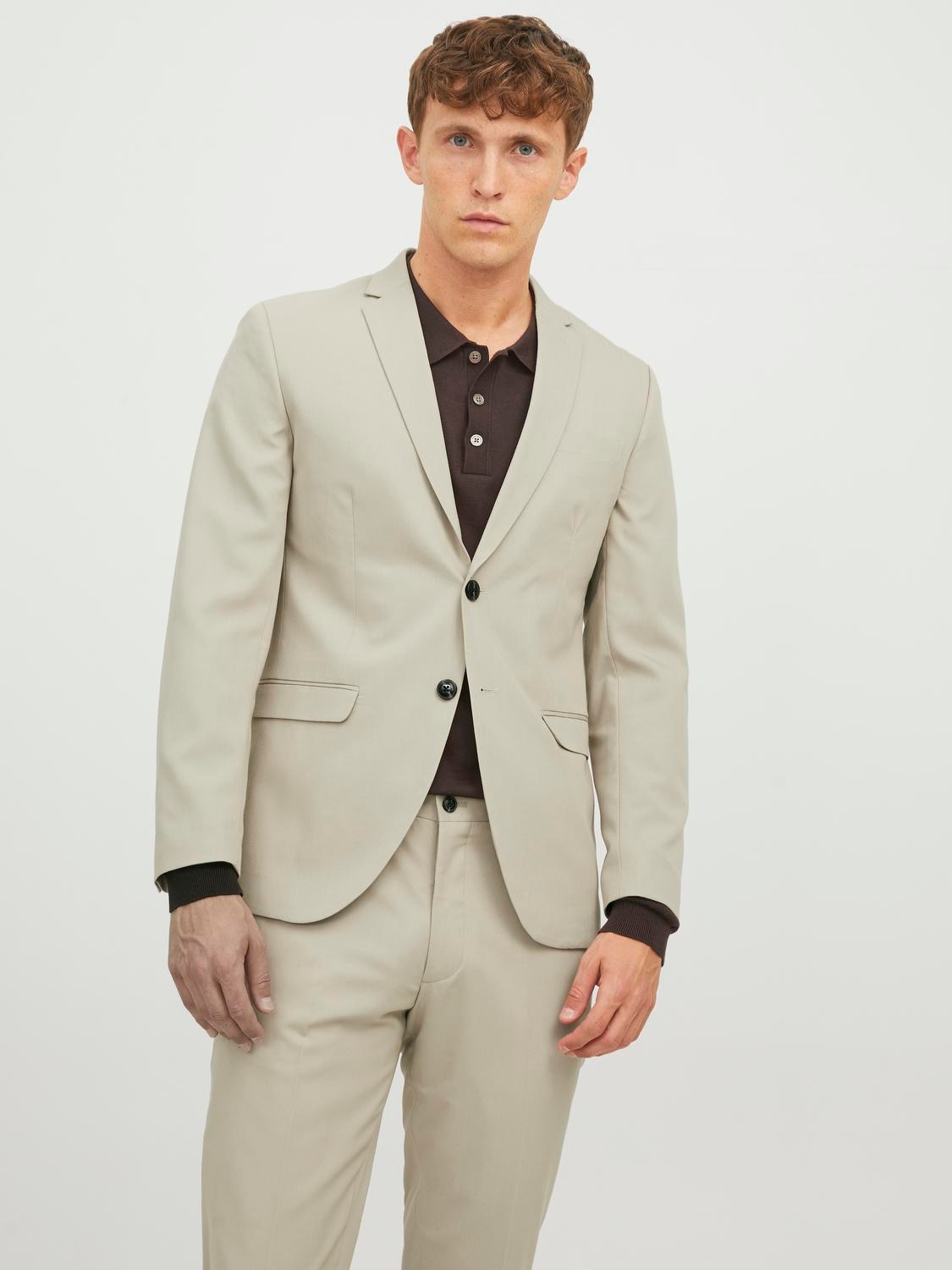 Sakko JACK & JONES "JPRFRANCO Blazer mit 2-Knopf-Form und extra schmalem Schnitt", Herren, Gr. 50, beige (pure cashmere fit:super slim fit), Web, Obermaterial: 78% Polyester, 17% Viskose, 5% Elasthan, unifarben, slim fit, 1-Knopf-Manschette, Sakkos...