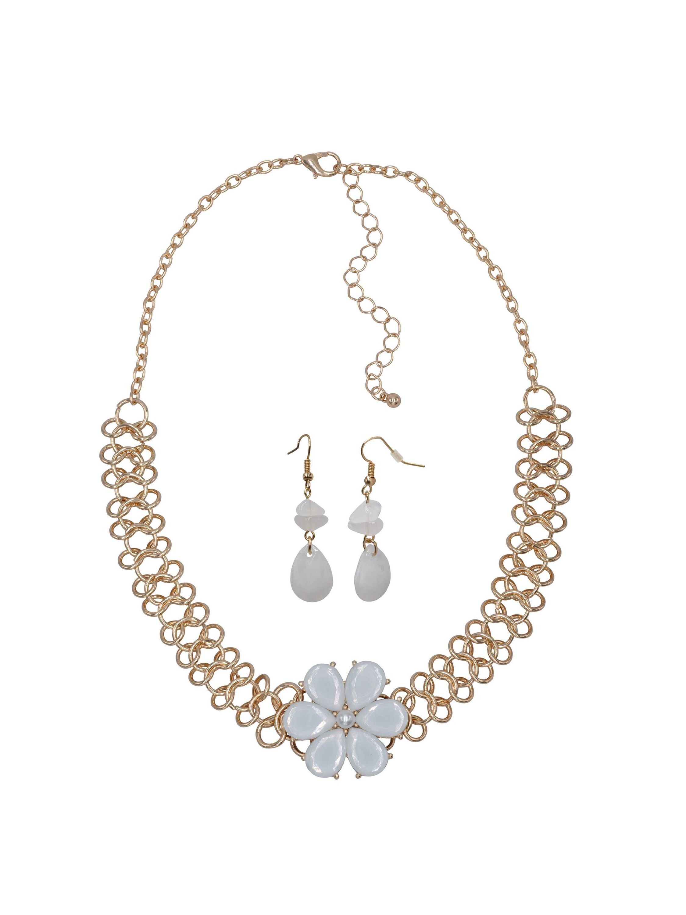 Steuer Modeschmuck Kette Ohrhänger Metall gelb glänzend Blume Glasstein weiß Image