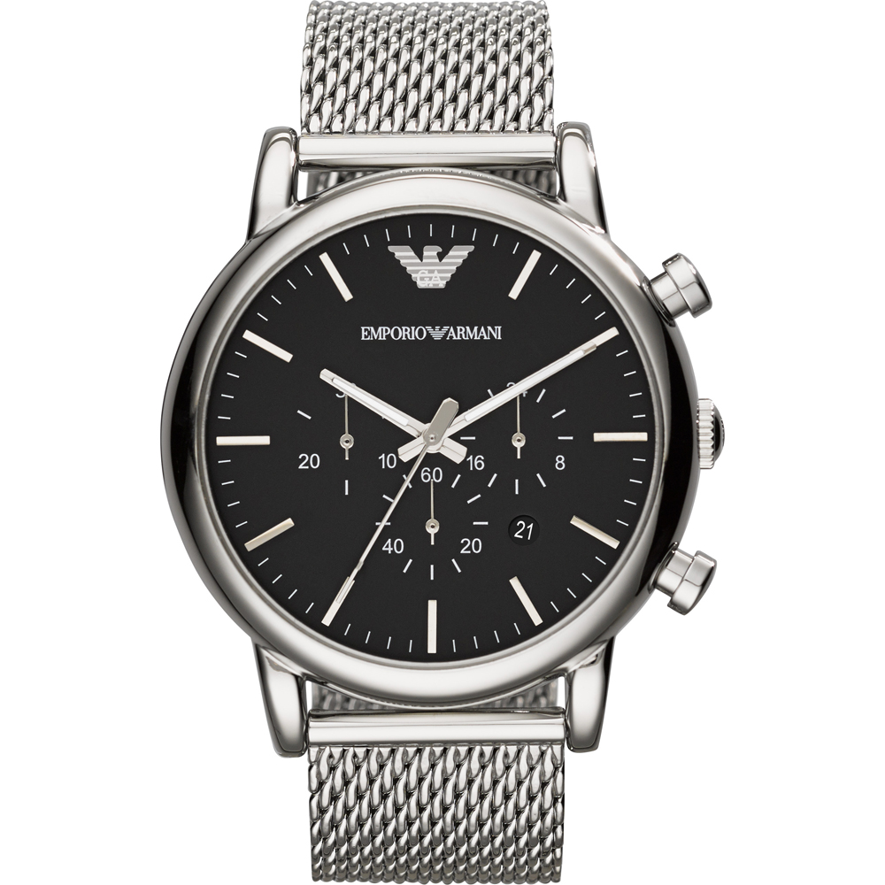 Elegante Herrenuhr der Marke Armani. Die Uhr hat ein Armband, das auch kleiner gemacht werden kann, das Gehäuse hat einen Durchmesser von 46 mm und das Uhrwerk ist Quarz. Marke: ArmaniModellname: AR1808 (46mm)Kategorie: HerrenuhrMaterialien:... Image