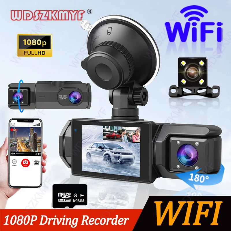Caméra de tableau de bord WIFI à 3 objectifs pour voiture, 2 caméras, caméra intérieure avant, enregistreur vidéo 1080P, boîte noire, DVR de voiture, caméra de recul en option dashcam voiture，caméra