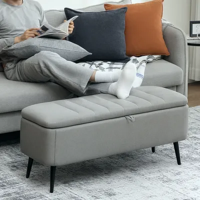 HOMCOM Storage Ottoman Bench, Linen-feel Footstool with Steel Legs, Grey