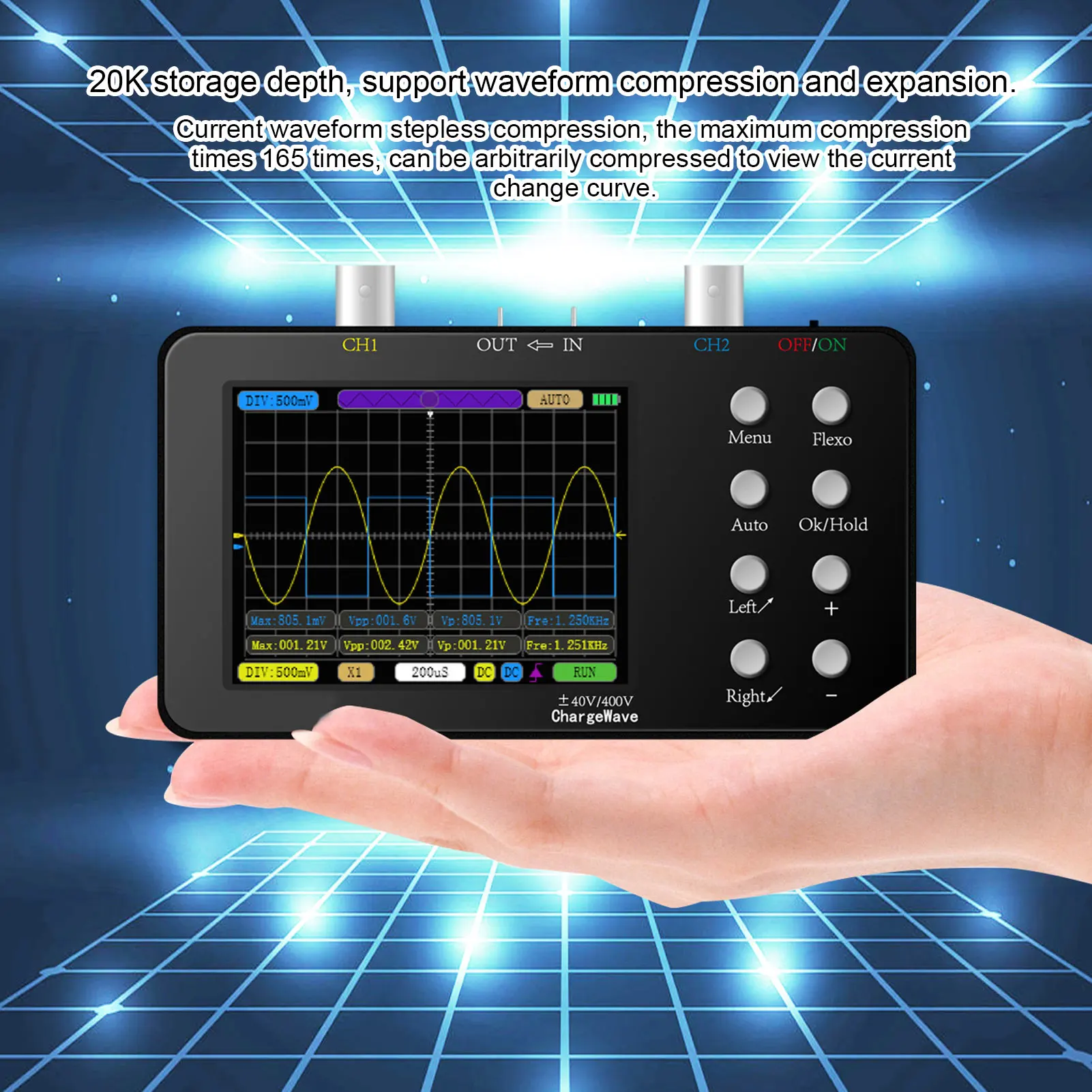 Handoszilloskop, 3,2-Zoll-LCD-Display, 2-Kanal-Digitaloszilloskop mit 2 roten und schwarzen Sondenklammern, Handoszilloskop Image