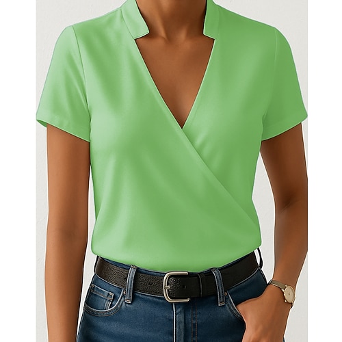 Damen T Shirt Einfach Lässig Kurzarm V Ausschnitt Normale Oberteile Täglich Ausgehen Blau Weiß Purpur Grün Sommer Image
