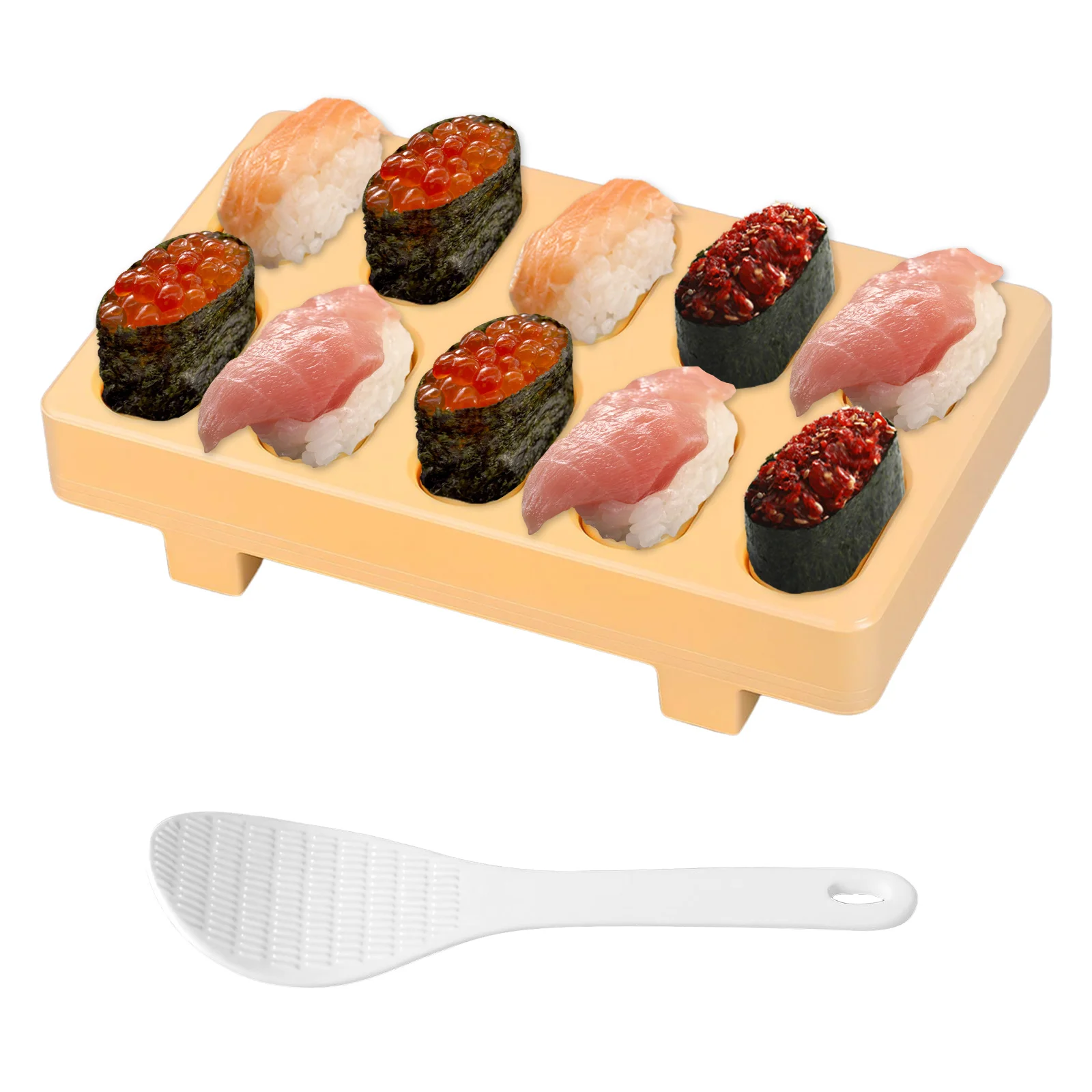 Sushi-Reis-Herstellungsform, Kunststoff, 10-Gitter-Reis-Kugel-Formhersteller, antihaftbeschichtetes Sushi-Presswerkzeug mit Löffel, einfache Entformung für Picknick zu Hause Image