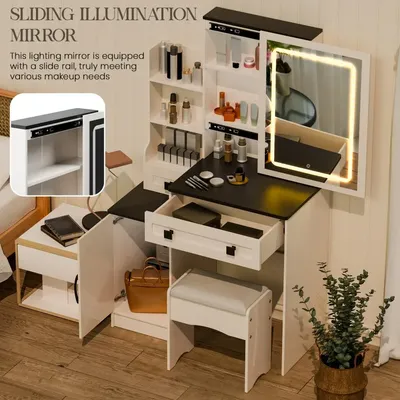 Dressing Table with LED Lights and Adjustable Brightness, Vanity Desk with Mirror, 4 Drawers, 6 Hidden Shelves