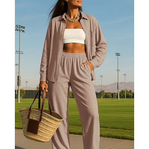 Per donna Pantaloni a gamba larga Abito casual Giacca da camicia con tasca Tinta unita Completo Abbigliamento Autunno Bianco Verde Chiaro All'aperto Viaggio Sportivo Vita Alta Traspirante Manica Lunga