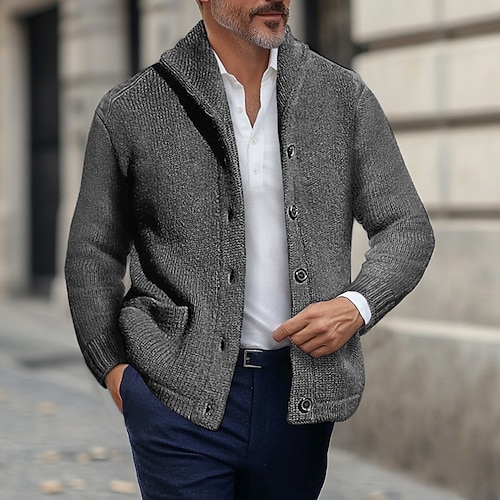 Herren Pullover Strickjacke Gerippt Stricken Normale Oberteile Gestrickt Knopf vorne Einfach Umlegekragen Urlaub Mode Lässig Alltagskleidung Bekleidung Winter Frühling Herbst Schwarz Marineblau M L Image