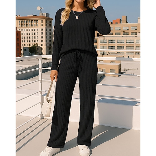 Damen Strickanzug Lounge-Anzüge Einfarbig Kombination Herbst Schwarz Burgunderrot Outdoor Reise Sport Hohe Taille Langarm Sport Sportkleidung Mikroelastisch Normale Passform Image