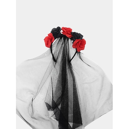 Totenkopf-Stirnband für Damen mit roten und schwarzen Rosen und Spitzenschleier, Gothic-Halloween-Kostüm-Haar-Accessoire für Partys