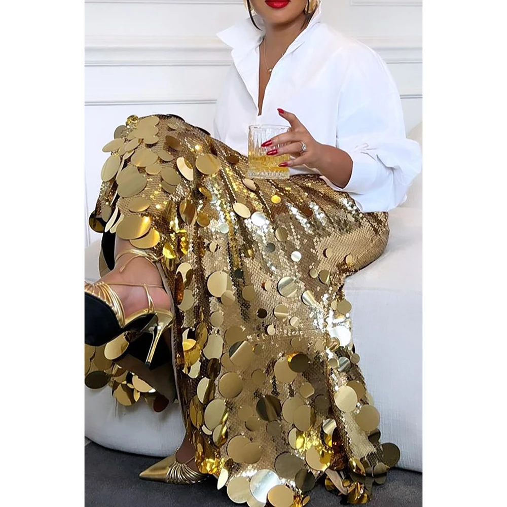 Plus Größe Elegante Luxus Frauen Rock Gold Pailletten Hohe Taille Lose Party A-linie Röcke 2025, Weibliche Chic Abend Cocktail röcke