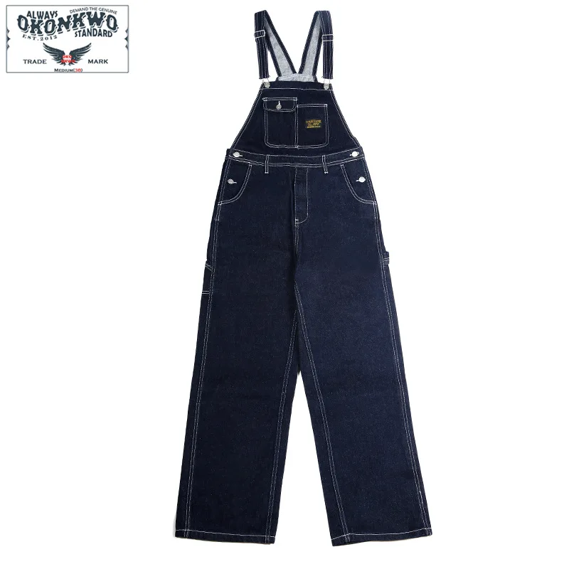 American Vintage Casual Original Indigo Raw Denim Overalls Herren Retro Gestreifte Jeans Overall Lange Denim Trägerhose OKONKWO Image