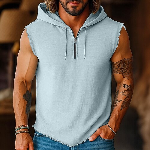 Herren Leinenhemd Tank Top Weste Unterhemd Ärmellos Mit Kapuze Sommer Ganzjahres Einfach Mode Streetwear Klassisch Viertel Postleitzahl Lässig Fitnessstudio Straße Blau Rosa Khaki Top T-Shirt für Image