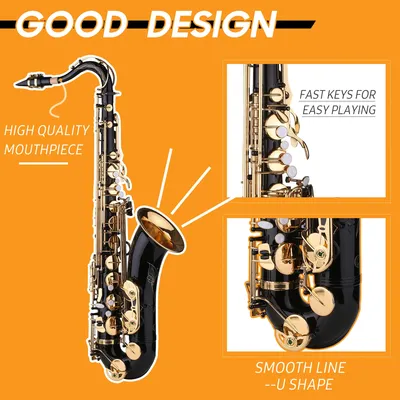 B-flat Tenor Saxophone Bb Black Lacquer Sax with Instrument Case Mouthpiece Reed Neck Strap Cleaning Cloth Brush for Musicians
