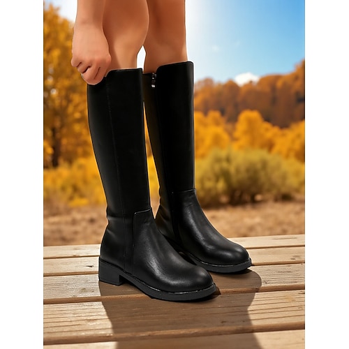 Kniehohe Damenstiefel aus Kunstleder mit seitlichem Reißverschluss und niedrigem Blockabsatz, elegantes Schuhwerk im urbanen Stil Image