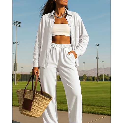 Per donna Pantaloni a gamba larga Abito casual Giacca da camicia con tasca Tinta unita Completo Abbigliamento Autunno Bianco Verde Chiaro All'aperto Viaggio Sportivo Vita Alta Traspirante Manica Lunga