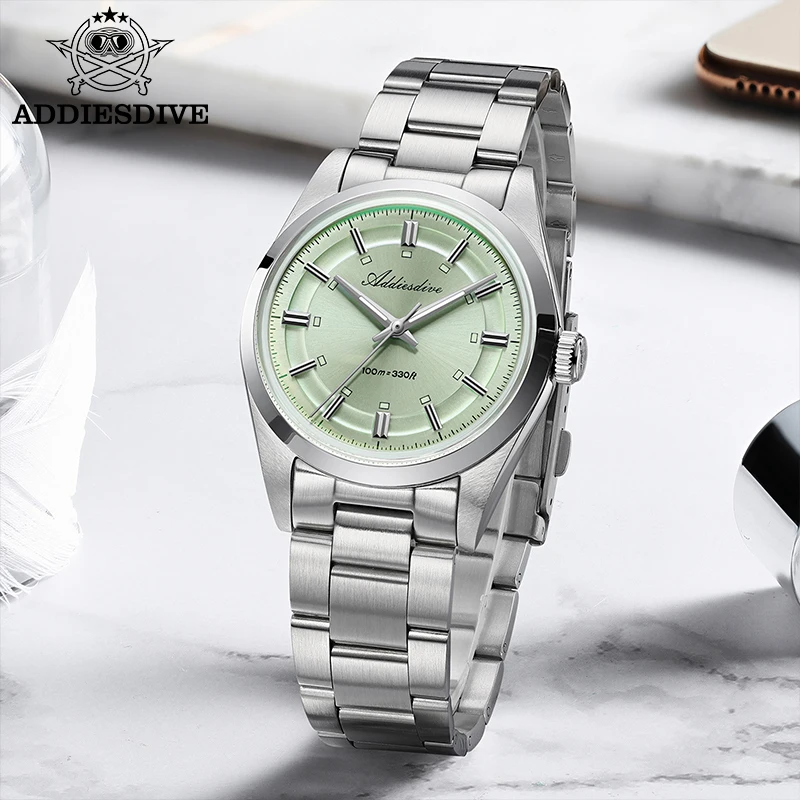 ADDIESDIVE Herren-Quarzuhr, 36 mm, VH31-Uhrwerk, Blasenglas, kratzfest, blaues Leuchtzifferblatt, 316L-Edelstahl, 100 m wasserdicht Image