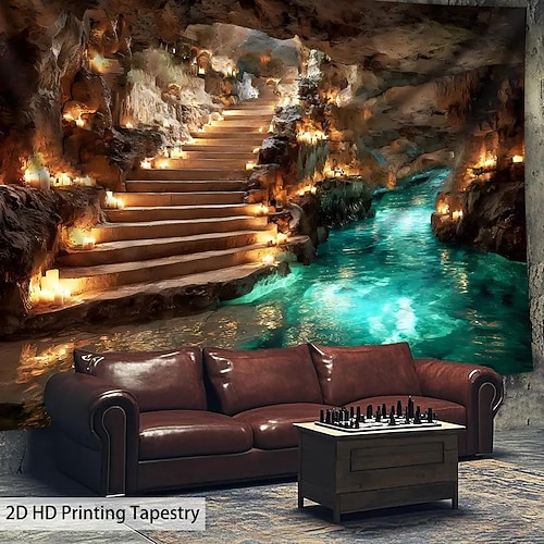Extra großer Wandteppich zum Thema Höhlenerkundung mit HD-Untergrund-Stalaktitendecke und türkisfarbener Flusslandschaft als Wandkunst, knitterfreies Polyester-Hängedekor für Wohnzimmer, Schlafzimmer, Image