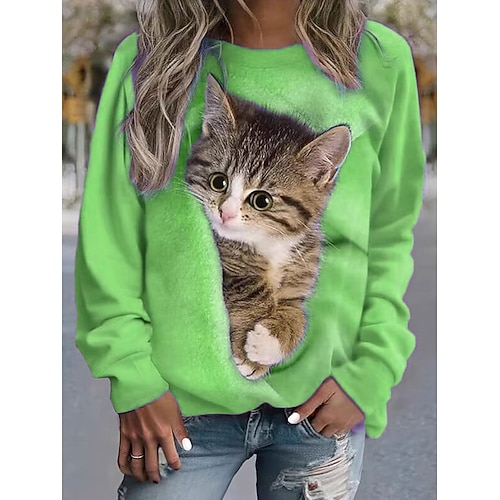 Damen Pullover Sweatshirt Druck Grafik Tiermotiv Katze Lässig Langarm Rundhalsausschnitt Normale Oberteile Lässig Straße Ferien Blau Rosa Purpur Orange Grün Frühling Herbst Winter Image