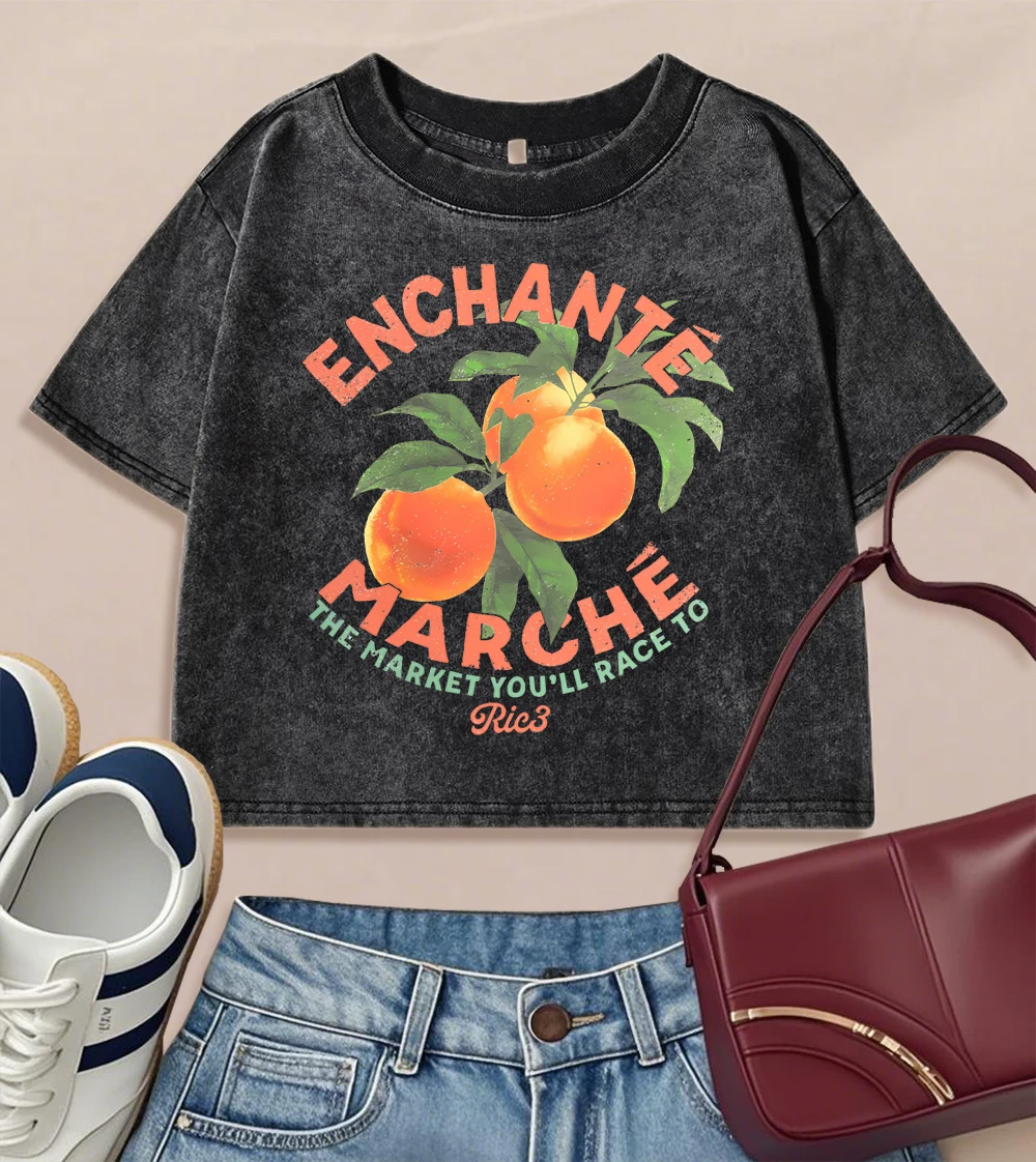 Enchante Marche Orangen Markt Drucke Frauen Gewaschen Dünnes T-Shirt Sommer Oansatz T Shirts Mode Retro Crop Top Casual Tee