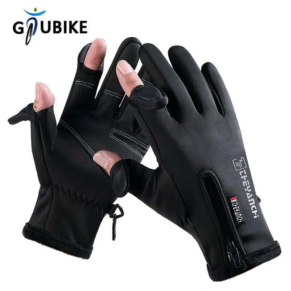 GTUBIKE Wasserdichte Winter-Angelhandschuhe, 2-Finger-Flip, winddicht, für Damen und Herren, Samt, warmer Schutz, Fisch-Angelhandschuhe Image