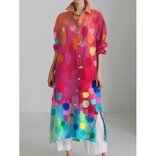 Damen Langes Kleid Maxikleid Hemdblusenkleid Freizeitkleid Mode Modern Täglich Ferien Wochenende Normale Passform Grafik Tiermotiv Dreiviertelarm Hemdkragen Weiß Gelb Grün Khaki Sommer Frühling Herbst