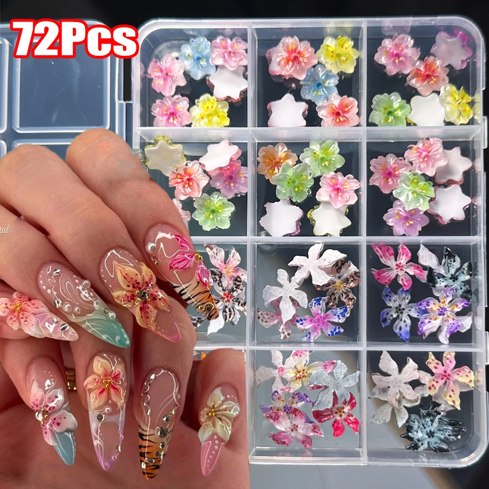 72 Stücke 3D Kristall Gelee Weiche Gefleckte Blume Nagel Charms Transparent Leopard Lilie Hibiskus Hawaiian Floral Nagel Dekor Nagel Supplie Image