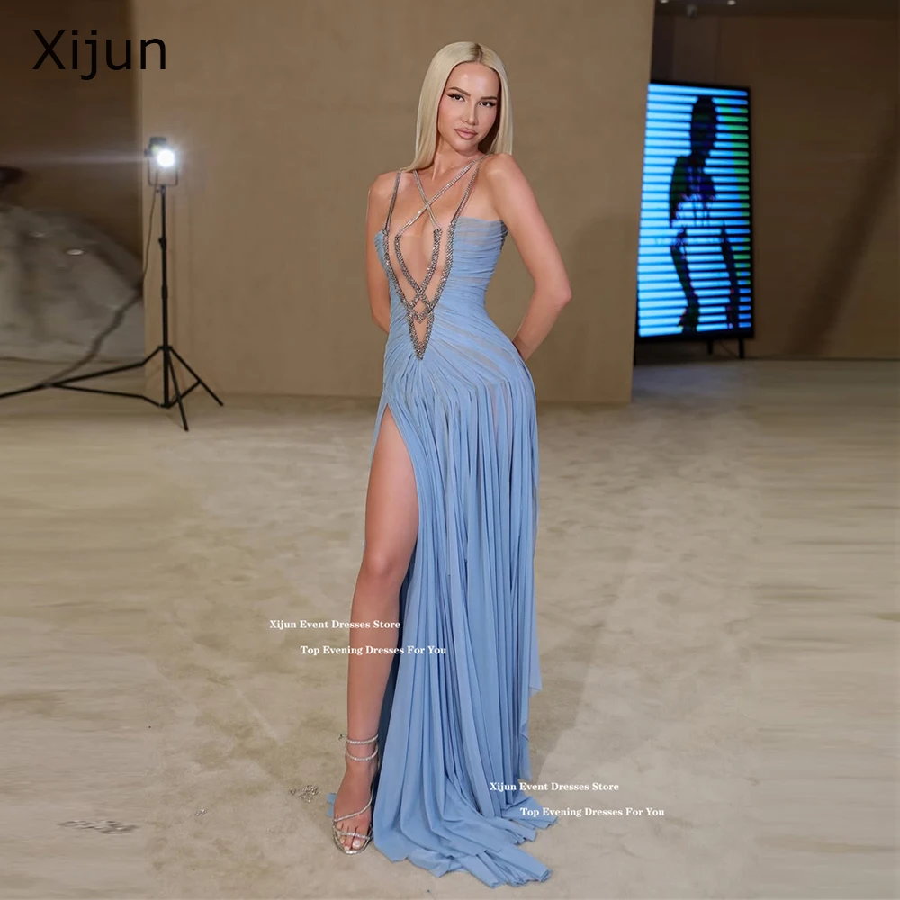 Xijun Sexy blaue Chiffon-Abendkleider mit Perlen verziert, Spaghettiträger, A-Linie, Ballkleider, Seitenschlitz, plissiert, sexy Ballkleider, individuell gestaltet Image