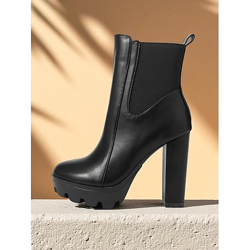 Schwarze Plateau-Stiefeletten mit hohem Absatz für Damen – Chelsea-Stiefeletten aus Kunstleder mit dickem Absatz und runder Zehenpartie, Slip-On-Design für Herbst-Winter-Mode, Partys und Abend-Outfits Image