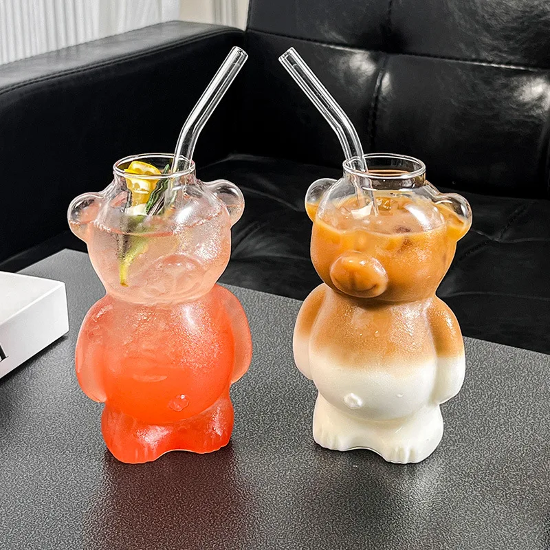 Tazza da caffè a forma di orso carino da 320 ml Bicchiere da orso cartone animato con cannuccia trasparente Regalo di compleanno di Natale per donne Bambini Amici