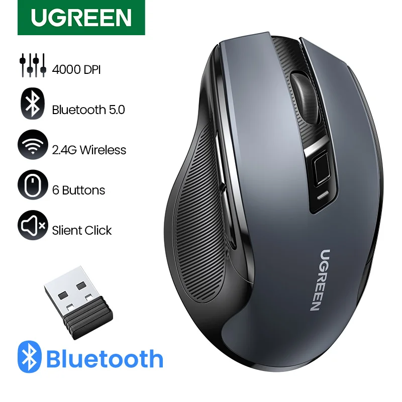 UGREEN Drahtlose Maus Bluetooth 5,0 Maus Ergonomische 4000 DPI 6 Stumm Tasten Maus Für MacBook Tablet Laptops Computer PC 2,4G Mäuse Image