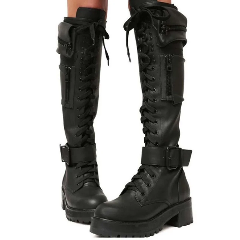 Kniehohe Stiefel für Damen, cooles Goth-Reißverschluss-Design, Tasche, Schnürung, klobiger Absatz, hochwertige Schuhe, Damenmode, beliebt, große Größe 35–43 Image