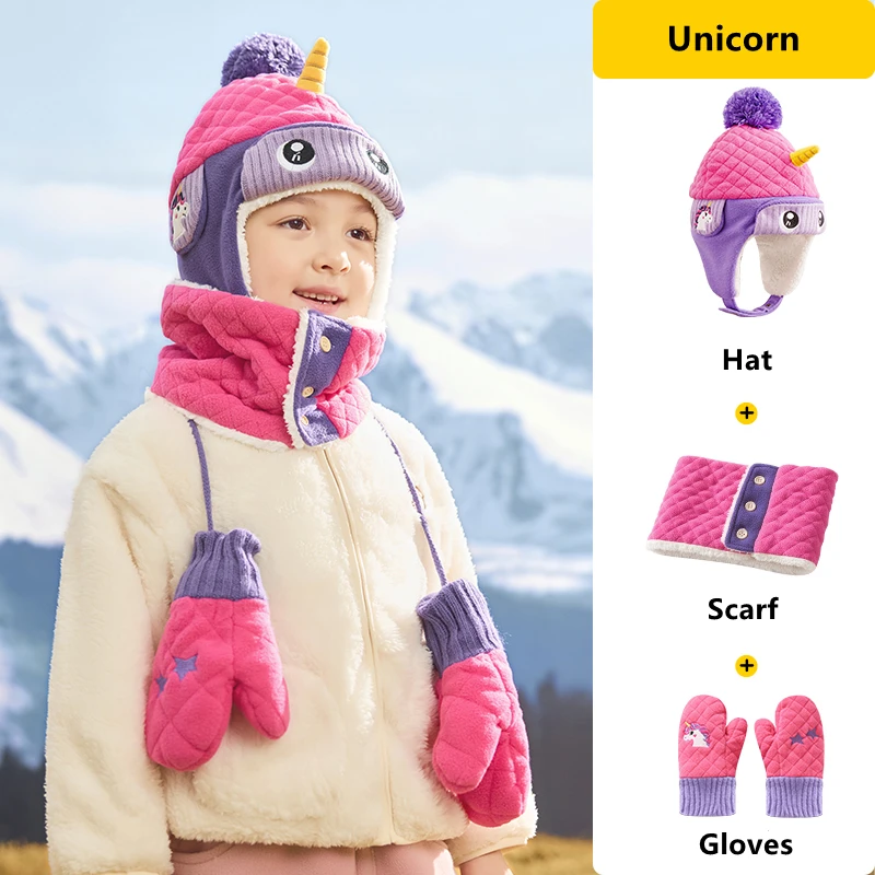 Cartoon Dinosaurier Einhorn Kinder Warme Mütze Schal Set Kinder Herbst Winter Hut Weiche Kappe Gehörschutz Hut Für Jungen Mädchen Image