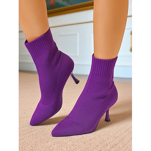 Burgunderrote Strick-Sockenstiefel für Damen – Stiefeletten mit spitzer Spitze und Stilettoabsatz aus Stretchmaterial, schicker moderner Stil für Herbst-Winter-Bürokleidung, Partys und elegante Abendoutfits Image