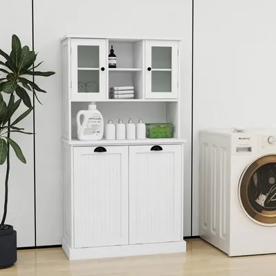 Bathroom Tall Cabinet Laundry Cabinet with Hamper Basket, Freestanding Laundry Room Cabinet Pantry with Tilt-Out Laundry Basket