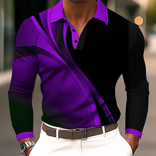 Herren Geometrisch Linie Polo Langarm Polo-Shirts Revers Business-Casual Athleisure Alltagskleidung 3D-Druck Knöpfe Frühling Herbst Winter Blau Purpur Orange Image
